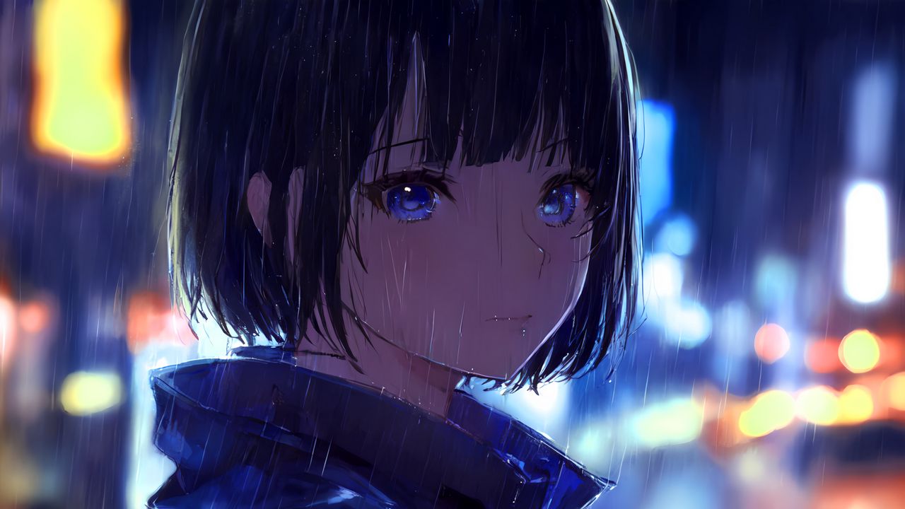 Wallpaper girl, eyes, rain, anime