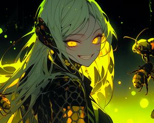 Preview wallpaper girl, eyes, smile, bees, yellow, anime
