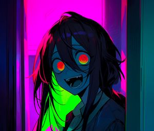 Preview wallpaper girl, eyes, smile, neon, anime, art