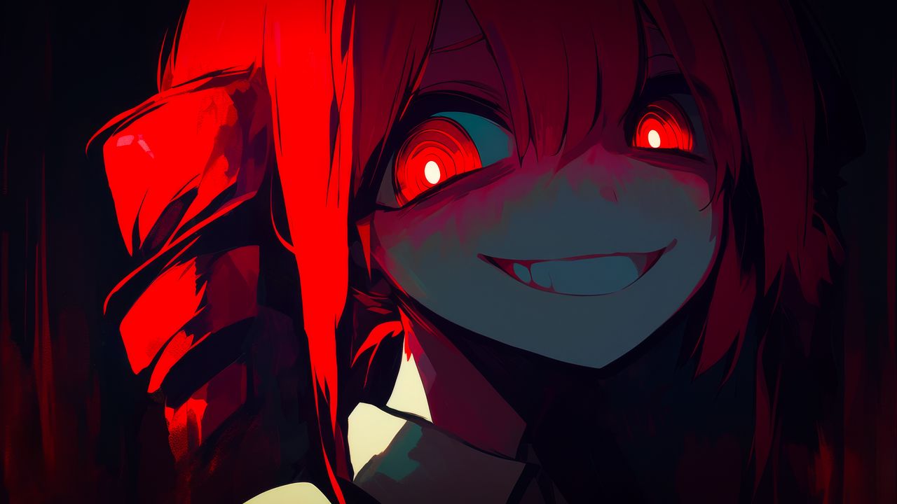 Wallpaper girl, eyes, smile, dark, red, anime