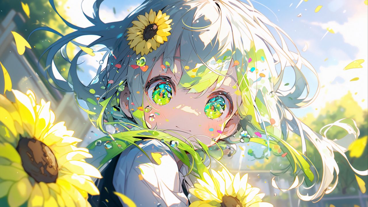 Wallpaper girl, eyes, sunflowers, flowers, anime