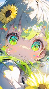 Preview wallpaper girl, eyes, sunflowers, flowers, anime
