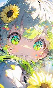 Preview wallpaper girl, eyes, sunflowers, flowers, anime