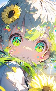 Preview wallpaper girl, eyes, sunflowers, flowers, anime