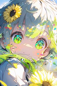 Preview wallpaper girl, eyes, sunflowers, flowers, anime