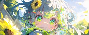 Preview wallpaper girl, eyes, sunflowers, flowers, anime