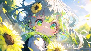 Preview wallpaper girl, eyes, sunflowers, flowers, anime