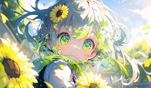 Preview wallpaper girl, eyes, sunflowers, flowers, anime