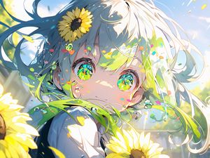 Preview wallpaper girl, eyes, sunflowers, flowers, anime