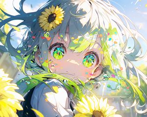 Preview wallpaper girl, eyes, sunflowers, flowers, anime