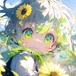 Preview wallpaper girl, eyes, sunflowers, flowers, anime