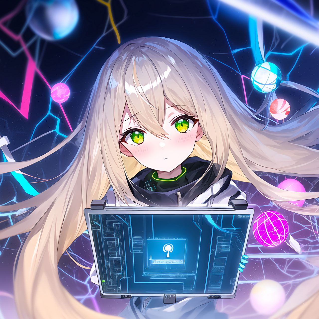 1280x1280 Wallpaper girl, eyes, tablet, anime