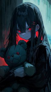 Preview wallpaper girl, eyes, teddy bear, dark, anime