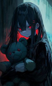 Preview wallpaper girl, eyes, teddy bear, dark, anime