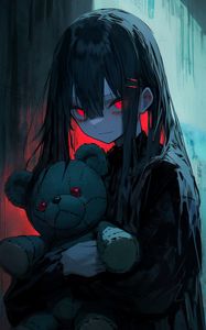 Preview wallpaper girl, eyes, teddy bear, dark, anime