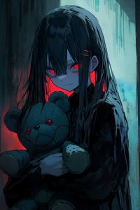 Preview wallpaper girl, eyes, teddy bear, dark, anime