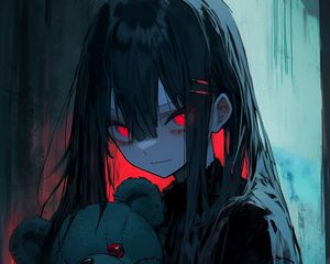 Preview wallpaper girl, eyes, teddy bear, dark, anime