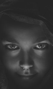 Preview wallpaper girl, face, piercing, bw, hood