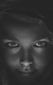 Preview wallpaper girl, face, piercing, bw, hood