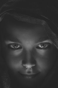 Preview wallpaper girl, face, piercing, bw, hood