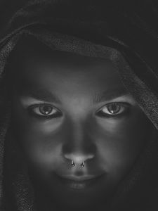 Preview wallpaper girl, face, piercing, bw, hood