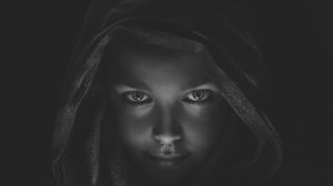 Preview wallpaper girl, face, piercing, bw, hood