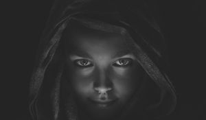 Preview wallpaper girl, face, piercing, bw, hood