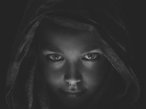 Preview wallpaper girl, face, piercing, bw, hood