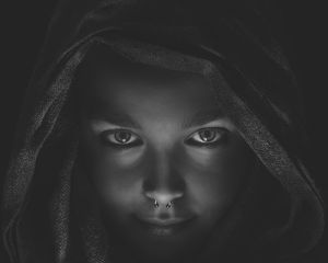 Preview wallpaper girl, face, piercing, bw, hood