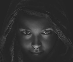 Preview wallpaper girl, face, piercing, bw, hood