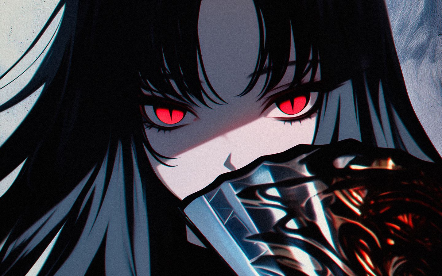 1440x900 Wallpaper girl, fan, bangs, anime, art