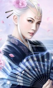Preview wallpaper girl, fan, oriental cherry, kimono