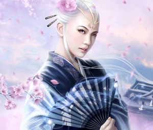 Preview wallpaper girl, fan, oriental cherry, kimono