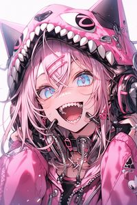 Preview wallpaper girl, fangs, headphones, shark, anime, art, pink