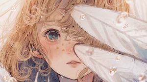 Preview wallpaper girl, feathers, stars, freckles, anime, art