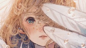 Preview wallpaper girl, feathers, stars, freckles, anime, art
