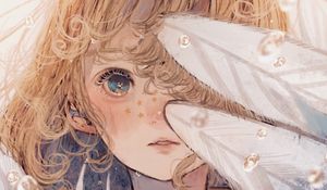 Preview wallpaper girl, feathers, stars, freckles, anime, art