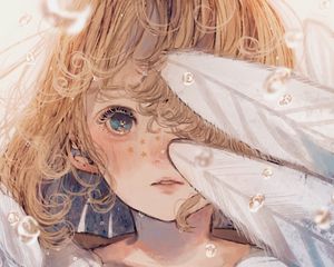 Preview wallpaper girl, feathers, stars, freckles, anime, art