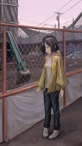 Preview wallpaper girl, fence, mesh, anime, art