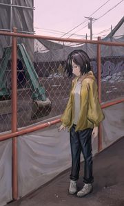 Preview wallpaper girl, fence, mesh, anime, art