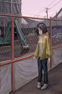 Preview wallpaper girl, fence, mesh, anime, art