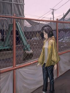 Preview wallpaper girl, fence, mesh, anime, art