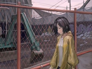 Preview wallpaper girl, fence, mesh, anime, art