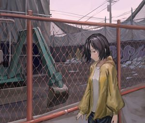 Preview wallpaper girl, fence, mesh, anime, art