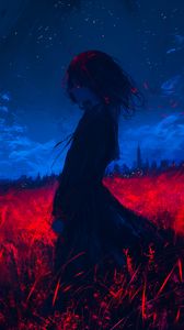 Preview wallpaper girl, field, art, anime, gloomy