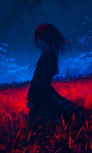 Preview wallpaper girl, field, art, anime, gloomy