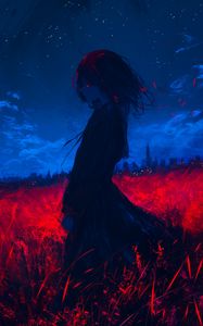 Preview wallpaper girl, field, art, anime, gloomy