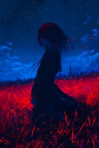 Preview wallpaper girl, field, art, anime, gloomy