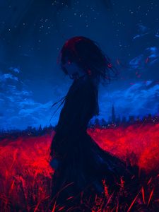 Preview wallpaper girl, field, art, anime, gloomy