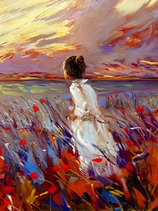 Preview wallpaper girl, field, flowers, art, bright, grass